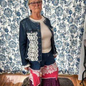 Blue Denim Jacket with White Lace Accent - Women